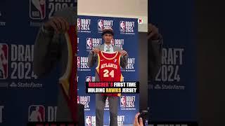 Zaccharie #Risacher holds up the #Hawks jersey for the very first time  #NBADraft #NBA