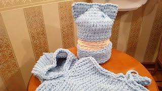 Пончо и кото- шапка без спиц и крючка из Alize Puffi Fine