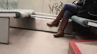 Brown Leather Boots in Train Candid Shoeplay