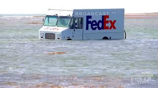 03-01-2025 Wellfleet, MA - FedEx Truck Partially Submerged In High Tide Flood Waters- Driver Rescued