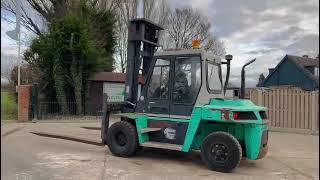 MITSUBISHI FD70 DIESEL FORK LIFT C/W FULLY GLAZED CABIN & EXTRA LONG PALLET TINES