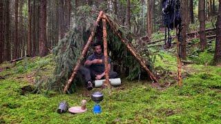 Solo bushcraft in Germany forest,building an A-frame shelter,wild chestnut cooking,rainy forest