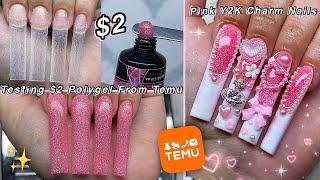 TESTING $2 POLYGEL FROM TEMU PINK Y2K POLYGEL NAILS & KAWAII CHARMS DESIGN! | Nail Tutorial