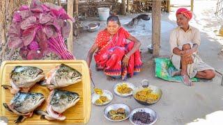 FISH HEAD CURRY and LAL SHAK VAJI cooking & eating by santali tribe old couple