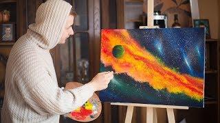 Draw space, stars - Oil painting, Palette Knife, Brush. Drawing tutorial. Космос масляными красками.