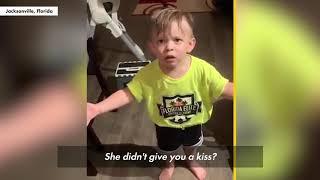 'Aww, man!': Adorable boy reacts to not getting goodbye kiss from mom