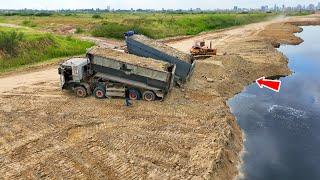 Excellent Skill Dumping Soil Into Deep Water By Dump Trucks And Dozer D53p Process