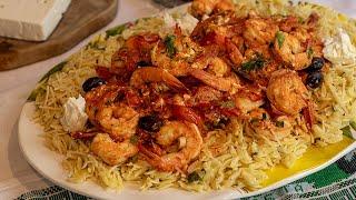 Ready in under an Hour!! Greek Shrimp Saganaki & Lemony Orzo