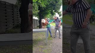 Two funny clowns find the bear's head