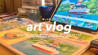 art vlog 🪸 painting studio ghibli ponyo scenes, trying ponyo's warm honey milk