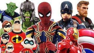 The Avengers & Incredibles 2 vs Dinosaur, Goblin, Go~! Hulk, Spider Man, Iron Man, Thor Toys Play