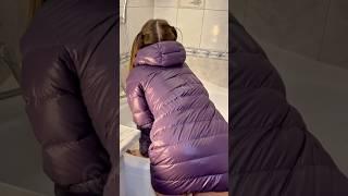 Beautiful Girl in shiny nylon Duvetica puffy style raincoat shower washing Hunter wellies rainboots