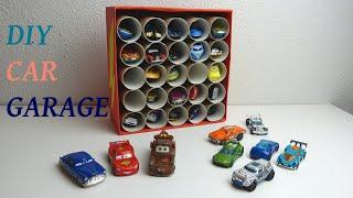 Cardboard car garage made of toilet paper rolls. DIY children's toys
