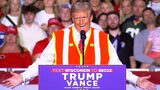 Donald Trump wears garbage worker vest during rally in Green Bay, WI (Oct. 30, 2024)