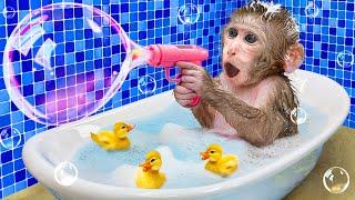 KiKi Monkey bath Giant Bubble Bathtub challenge in Toilet & go swim with Duckling | KUDO ANIMAL KIKI