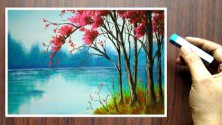 How to draw Beautiful Landscape Scenery with Cherry Blossom Tree - Soft Pastel Drawing / Painting.