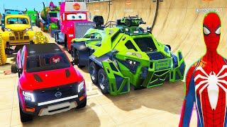 SPIDERMAN CARS Monster Trucks MEGA Ramp Challenge ! SUPERHEROES HULK GOKU FIRE Truck on LAKE - GTA V