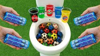 Football VS Popular Sodas !!!! Fanta, Coca Cola, Fruko, Monster, Sprite and Mentos in the toilet