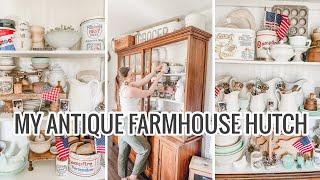 Styled Antique Farmhouse Hutch | Ironstone, Jadeite, Tins, & Marmalade Jars Galore 