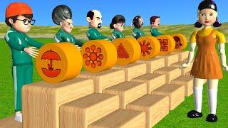 Squid Game vs Scary Teacher 3D Wooden Wheels Rolling Dalgona Candy Challenge Miss T and Granny Loser