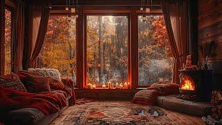 Relaxing piano music on a rainy autumn day with a cozy atmosphere by the fireplace 