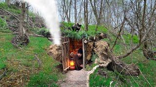 Building a Secret Dugout Between the Roots of a Dead Tree | Warm Stove