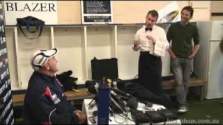 Paul crashes Demon's coach Dean Bailey's Press conference dressed as a Butler