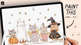 Let’s paint cute Halloween cats in PROCREATE  (digital watercolor painting on your iPad!)