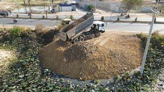 Full Landfill Project Interesting Komatsu D51PX Dozer Process With Dump trucks 5Ton Team ,,