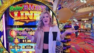 Winning BIG on the New Rakin' Bacon LINK Slot Machine!