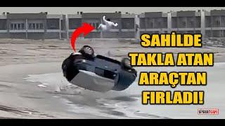 Sahilde takla atan araçtan fırladı!