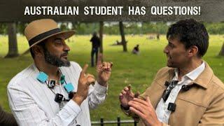 Australian student has questions! Adnan Rashid and visitor at Speakers corner..