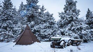 ATV Hot Tent Camping In Freezing Rain And Snow