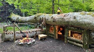 Bushcraft Shelter Camping; Building a Secret Survival Dugout Under a Fallen Tree