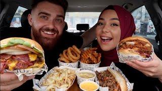 DOUBLE BEEF N' BACON, FRIED CHICKEN BURGERS, PHILLY CHEESE STEAK, POUTINE, ONION RINGS MUKBANG