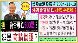 週一 會否暴跌500點？ 還是 奇蹟抝腰？/外資會否趁大跌 抄底中概股？/港交所 第4季 能否食大茶飯？/中移動 倉位異動 有換馬跡象？/中芯 大戶揸貨2年 有何部署？/2024-11-10