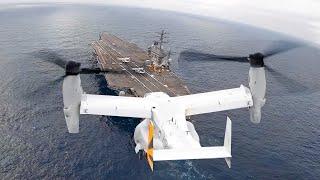 US MV-22 Pilot Negotiates Crazy Landing Approach on Aircraft Carrier at Sea