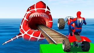 الأبطال الخارقين على القضبان دوامة قمع جسر ️️ RAINBOW SPIDER MAN! on Motorcycle in Spiral Bridge