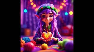 Hippie elf cute cartoon with purple hair, colorful room, holding glowing heart #ai #appypie #video