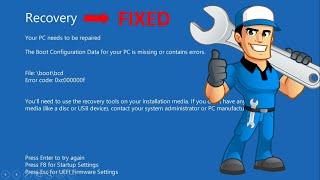 PC need to be repaired fix, blue screen of death, boot configuration data file is missing 0xc000000f