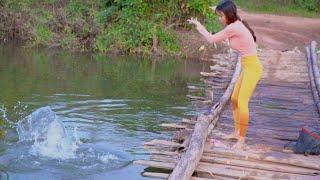 Amazing Fishing. Beautiful Girl Fishing Big Fish with Hook . Fishing Video