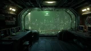 Radio Chatter on Rainy Night – Spaceport Office Ambience | Relaxing Sci-Fi Sounds for Sleep & Study
