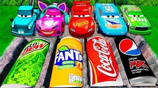 Mega Soda Pits, Cola, Fanta, Pepsi vs  Big & Small Lightning McQueen &  Pixa Cars! BeamNG Drive!