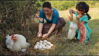 Survival in forest- Pick egg & catch chicken- Cooking pork belly curry with egg tasty delicious