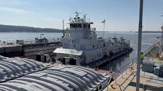 The tugboat Joyce Hall going through Lock and Dam 14 near LeClaire, Iowa.