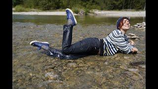 Wetlook - Laura in river with Superga, jeans and sweater
