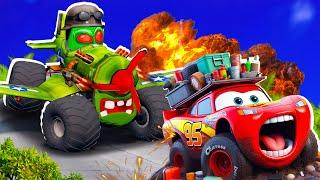 Big & Small:McQueen and Mater VS Plane MONSTER Truck ZOMBIE apocalypse Halloween cars BeamNG.drive