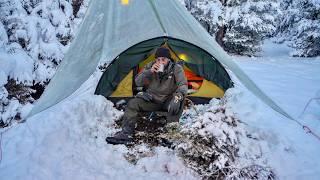 Winter CAMPING in Snow Storm - Rain Thunder Lightning