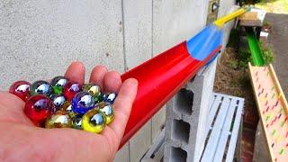 Marble run race  rain gutter + handmade wooden colorful course ASMR