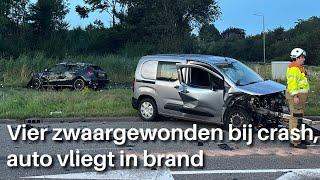 Vier zwaargewonden bij crash, auto vliegt in brand